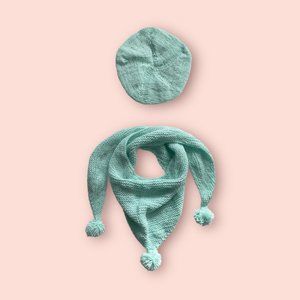 Kid's Turquoise Barrette and Scarf Set Girls Size Small Pom Pom Scarf Hand Knit